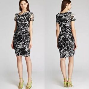 REISS BODYCON ROMISA PRINTED LACE DRESS 
ASSYM NECK, DRAPED WAIST